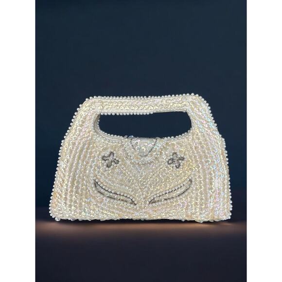 Vintage Debbie Sequined, Beaded And Pearled Small Purse in ivory, flap snap - Picture 1 of 4